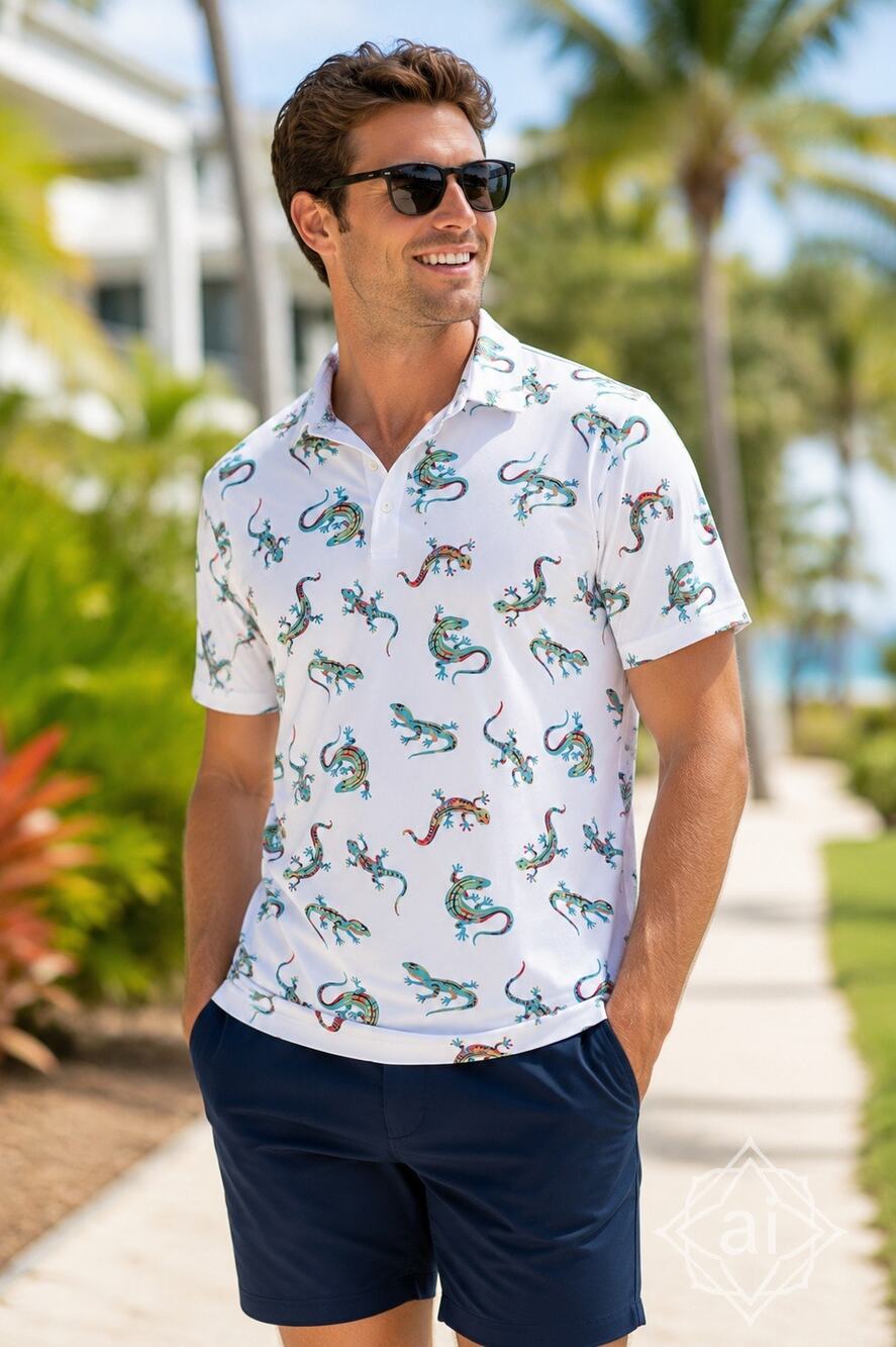 Chubbies Polo Shirt Sm White Gecko Print‎ Performance Stretch Golf Resort Shirt